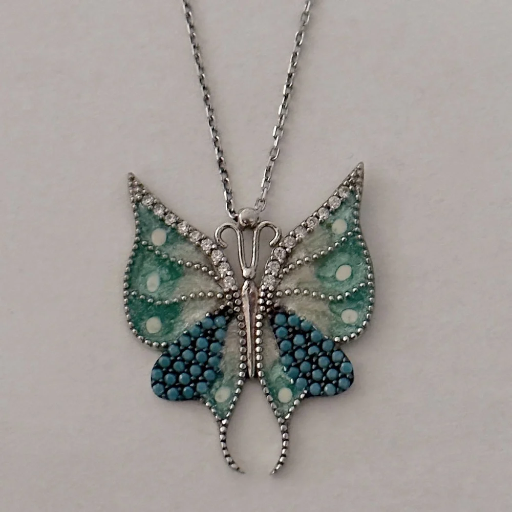 925 Silver butterfly necklace blue turquoise stones